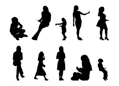 Vektör siluetleri, insanların ana hatları, Contour çizimleri, insanların siluetleri, ikon kümesi izole edilmiş, oturan insanların silueti, mimari set