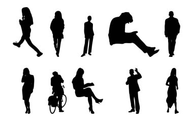 Vektör siluetleri, insanların ana hatları, Contour çizimleri, insanların siluetleri, ikon kümesi izole edilmiş, oturan insanların silueti, mimari set
