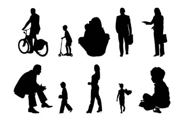 Vektör siluetleri, insanların ana hatları, Contour çizimleri, insanların siluetleri, ikon kümesi izole edilmiş, oturan insanların silueti, mimari set