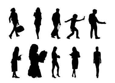 Vektör siluetleri, insanların ana hatları, Contour çizimleri, insanların siluetleri, ikon kümesi izole edilmiş, oturan insanların silueti, mimari set