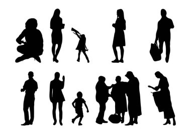 Vektör siluetleri, insanların ana hatları, Contour çizimleri, insanların siluetleri, ikon kümesi izole edilmiş, oturan insanların silueti, mimari set