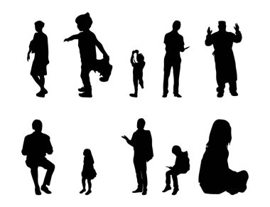 Vektör siluetleri, insanların ana hatları, Contour çizimleri, insanların siluetleri, ikon kümesi izole edilmiş, oturan insanların silueti, mimari set