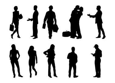 Vektör siluetleri, insanların ana hatları, Contour çizimleri, insanların siluetleri, ikon kümesi izole edilmiş, oturan insanların silueti, mimari set