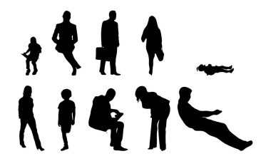 Vektör siluetleri, insanların ana hatları, Contour çizimleri, insanların siluetleri, ikon kümesi izole edilmiş, oturan insanların silueti, mimari set
