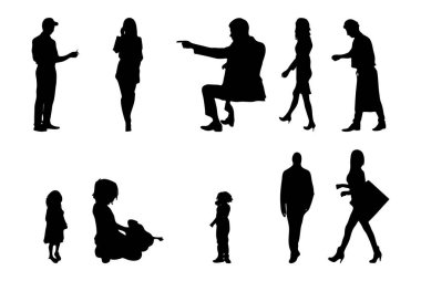Vektör siluetleri, insanların ana hatları, Contour çizimleri, insanların siluetleri, ikon kümesi izole edilmiş, oturan insanların silueti, mimari set