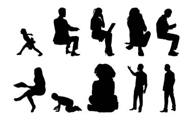 Vektör siluetleri, insanların ana hatları, Contour çizimleri, insanların siluetleri, ikon kümesi izole edilmiş, oturan insanların silueti, mimari set