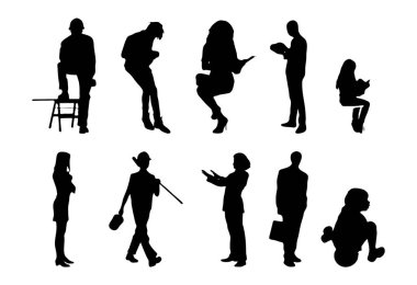 Vektör siluetleri, insanların ana hatları, Contour çizimleri, insanların siluetleri, ikon kümesi izole edilmiş, oturan insanların silueti, mimari set