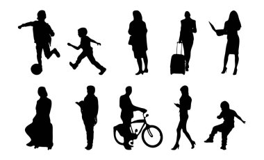 Vektör siluetleri, insanların ana hatları, Contour çizimleri, insanların siluetleri, ikon kümesi izole edilmiş, oturan insanların silueti, mimari set