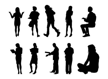 Vektör siluetleri, insanların ana hatları, Contour çizimleri, insanların siluetleri, ikon kümesi izole edilmiş, oturan insanların silueti, mimari set