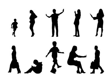 Vektör siluetleri, insanların ana hatları, Contour çizimleri, insanların siluetleri, ikon kümesi izole edilmiş, oturan insanların silueti, mimari set