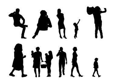 Vektör siluetleri, insanların ana hatları, Contour çizimleri, insanların siluetleri, ikon kümesi izole edilmiş, oturan insanların silueti, mimari set