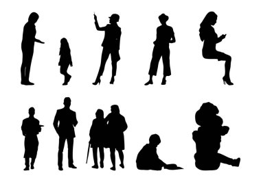 Vektör siluetleri, insanların ana hatları, Contour çizimleri, insanların siluetleri, ikon kümesi izole edilmiş, oturan insanların silueti, mimari set