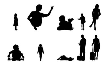 Vektör siluetleri, insanların ana hatları, Contour çizimleri, insanların siluetleri, ikon kümesi izole edilmiş, oturan insanların silueti, mimari set