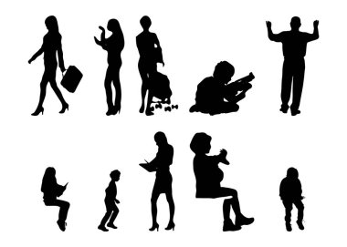 Vektör siluetleri, insanların ana hatları, Contour çizimleri, insanların siluetleri, ikon kümesi izole edilmiş, oturan insanların silueti, mimari set