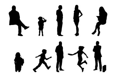 Vektör siluetleri, insanların ana hatları, Contour çizimleri, insanların siluetleri, ikon kümesi izole edilmiş, oturan insanların silueti, mimari set