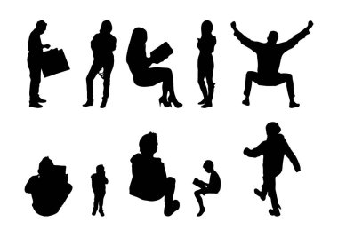 Vektör siluetleri, insanların ana hatları, Contour çizimleri, insanların siluetleri, ikon kümesi izole edilmiş, oturan insanların silueti, mimari set