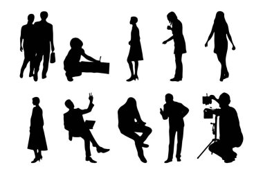 Vektör siluetleri, insanların ana hatları, Contour çizimleri, insanların siluetleri, ikon kümesi izole edilmiş, oturan insanların silueti, mimari set