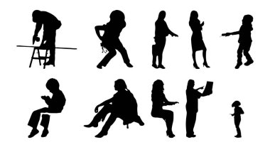 Vektör siluetleri, insanların ana hatları, Contour çizimleri, insanların siluetleri, ikon kümesi izole edilmiş, oturan insanların silueti, mimari set