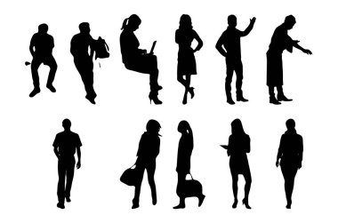Vektör siluetleri, insanların ana hatları, Contour çizimleri, insanların siluetleri, ikon kümesi izole edilmiş, oturan insanların silueti, mimari set