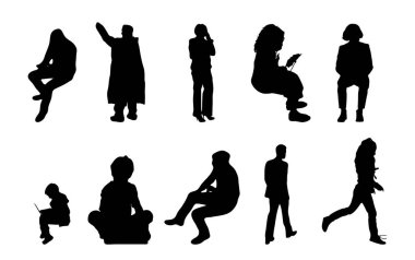 Vektör siluetleri, insanların ana hatları, Contour çizimleri, insanların siluetleri, ikon kümesi izole edilmiş, oturan insanların silueti, mimari set
