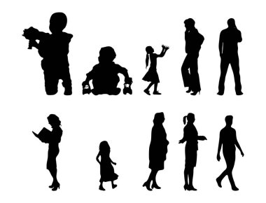 Vektör siluetleri, insanların ana hatları, Contour çizimleri, insanların siluetleri, ikon kümesi izole edilmiş, oturan insanların silueti, mimari set