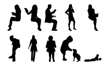 Vektör siluetleri, insanların ana hatları, Contour çizimleri, insanların siluetleri, ikon kümesi izole edilmiş, oturan insanların silueti, mimari set