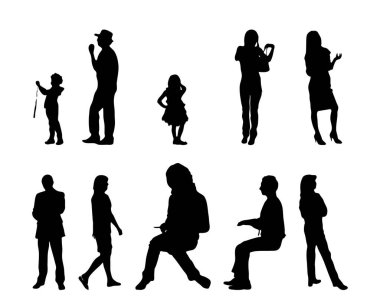 Vektör siluetleri, insanların ana hatları, Contour çizimleri, insanların siluetleri, ikon kümesi izole edilmiş, oturan insanların silueti, mimari set