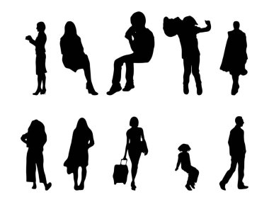 Vektör siluetleri, insanların ana hatları, Contour çizimleri, insanların siluetleri, ikon kümesi izole edilmiş, oturan insanların silueti, mimari set