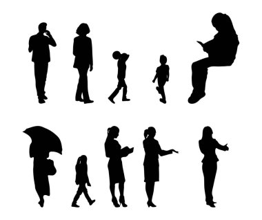 Vektör siluetleri, insanların ana hatları, Contour çizimleri, insanların siluetleri, ikon kümesi izole edilmiş, oturan insanların silueti, mimari set