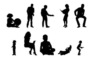 Vektör siluetleri, insanların ana hatları, Contour çizimleri, insanların siluetleri, ikon kümesi izole edilmiş, oturan insanların silueti, mimari set