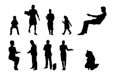 Vektör siluetleri, insanların ana hatları, Contour çizimleri, insanların siluetleri, ikon kümesi izole edilmiş, oturan insanların silueti, mimari set