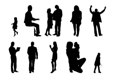 Vektör siluetleri, insanların ana hatları, Contour çizimleri, insanların siluetleri, ikon kümesi izole edilmiş, oturan insanların silueti, mimari set