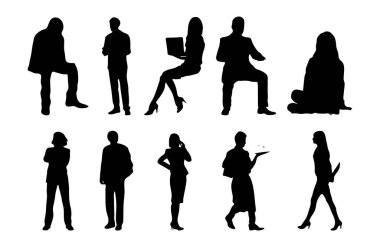 Vektör siluetleri, insanların ana hatları, Contour çizimleri, insanların siluetleri, ikon kümesi izole edilmiş, oturan insanların silueti, mimari set