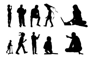 Vektör siluetleri, insanların ana hatları, Contour çizimleri, insanların siluetleri, ikon kümesi izole edilmiş, oturan insanların silueti, mimari set