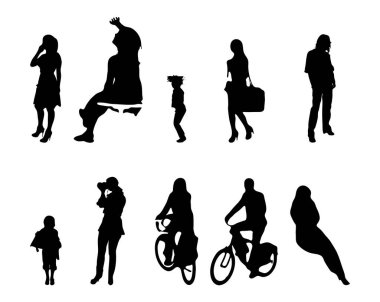 Vektör siluetleri, insanların ana hatları, Contour çizimleri, insanların siluetleri, ikon kümesi izole edilmiş, oturan insanların silueti, mimari set