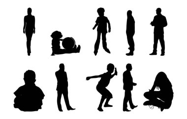 Vektör siluetleri, insanların ana hatları, Contour çizimleri, insanların siluetleri, ikon kümesi izole edilmiş, oturan insanların silueti, mimari set