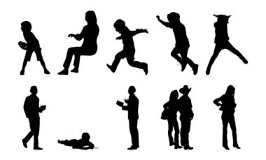 Vektör siluetleri, insanların ana hatları, Contour çizimleri, insanların siluetleri, ikon kümesi izole edilmiş, oturan insanların silueti, mimari set