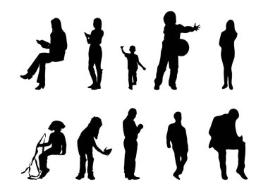 Vektör siluetleri, insanların ana hatları, Contour çizimleri, insanların siluetleri, ikon kümesi izole edilmiş, oturan insanların silueti, mimari set