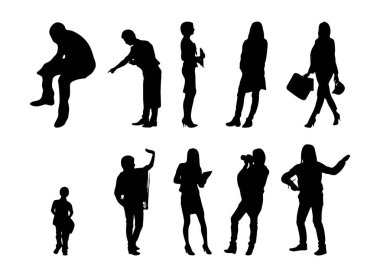 Vektör siluetleri, insanların ana hatları, Contour çizimleri, insanların siluetleri, ikon kümesi izole edilmiş, oturan insanların silueti, mimari set