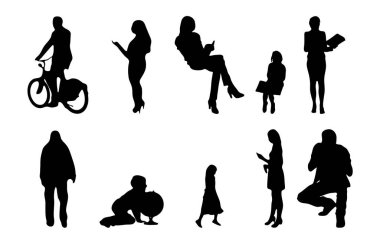 Vektör siluetleri, insanların ana hatları, Contour çizimleri, insanların siluetleri, ikon kümesi izole edilmiş, oturan insanların silueti, mimari set