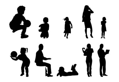 Vektör siluetleri, insanların ana hatları, Contour çizimleri, insanların siluetleri, ikon kümesi izole edilmiş, oturan insanların silueti, mimari set