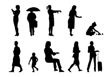 Vektör siluetleri, insanların ana hatları, Contour çizimleri, insanların siluetleri, ikon kümesi izole edilmiş, oturan insanların silueti, mimari set
