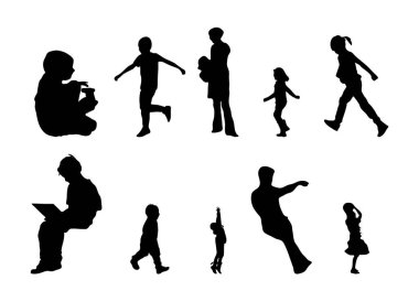 Vektör siluetleri, insanların ana hatları, Contour çizimleri, insanların siluetleri, ikon kümesi izole edilmiş, oturan insanların silueti, mimari set