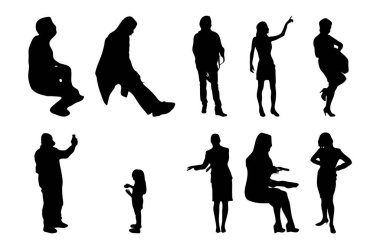Vektör siluetleri, insanların ana hatları, Contour çizimleri, insanların siluetleri, ikon kümesi izole edilmiş, oturan insanların silueti, mimari set