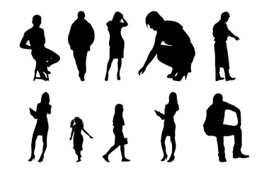 Vektör siluetleri, insanların ana hatları, Contour çizimleri, insanların siluetleri, ikon kümesi izole edilmiş, oturan insanların silueti, mimari set