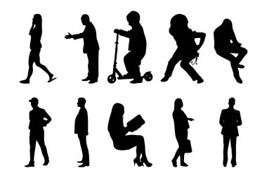 Vektör siluetleri, insanların ana hatları, Contour çizimleri, insanların siluetleri, ikon kümesi izole edilmiş, oturan insanların silueti, mimari set