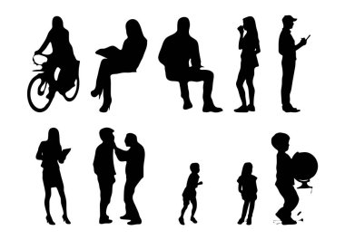 Vektör siluetleri, insanların ana hatları, Contour çizimleri, insanların siluetleri, ikon kümesi izole edilmiş, oturan insanların silueti, mimari set