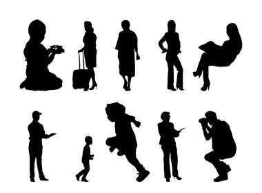 Vektör siluetleri, insanların ana hatları, Contour çizimleri, insanların siluetleri, ikon kümesi izole edilmiş, oturan insanların silueti, mimari set