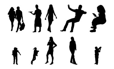 Vektör siluetleri, insanların ana hatları, Contour çizimleri, insanların siluetleri, ikon kümesi izole edilmiş, oturan insanların silueti, mimari set