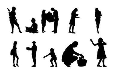 Vektör siluetleri, insanların ana hatları, Contour çizimleri, insanların siluetleri, ikon kümesi izole edilmiş, oturan insanların silueti, mimari set